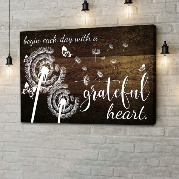 Begin Each Day With A Grateful Heart Canvas Gallery Painting Wrapped Canvas Canvas, Butterfly Dandelion Christian Art