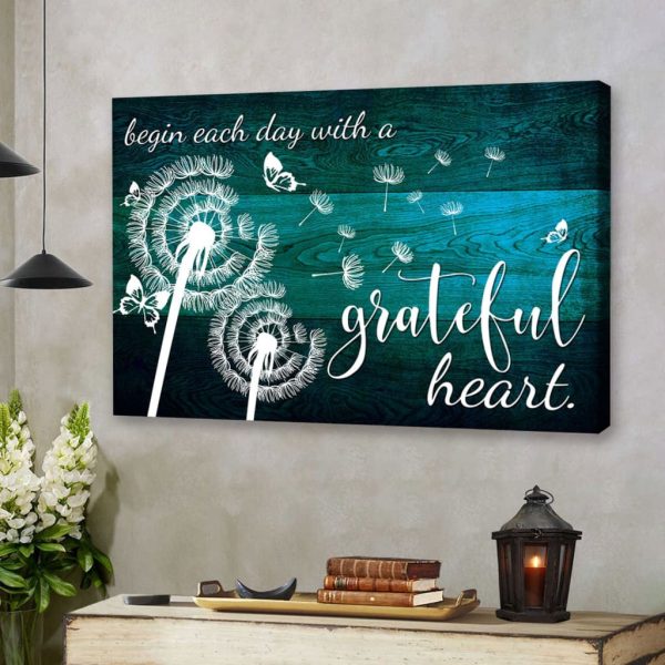 Begin Each Day With A Grateful Heart Canvas Gallery Painting Wrapped Canvas Canvas, Butterfly Dandelion Christian Art - Image 4