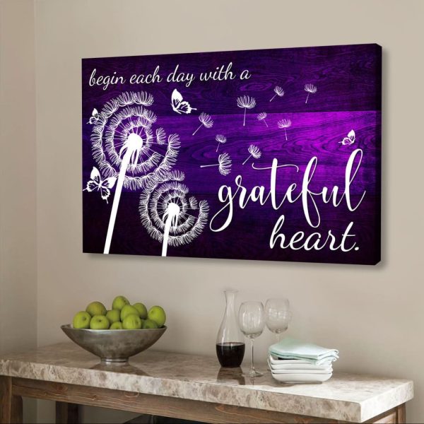 Begin Each Day With A Grateful Heart Canvas Gallery Painting Wrapped Canvas Canvas, Butterfly Dandelion Christian Art - Image 2