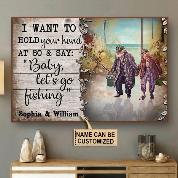 here Gifts Personalized Fishing Couple Hold Your Hand Canvas Home Decor