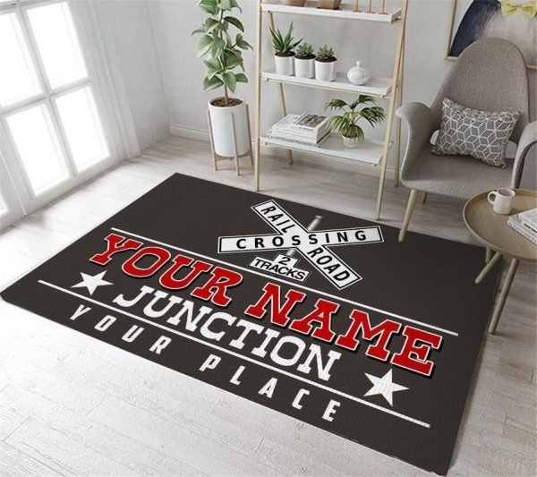 personalized railroad crossing 2 track rug 05841 Living Room Rugs, Bedroom Rugs, Kitchen Rugs