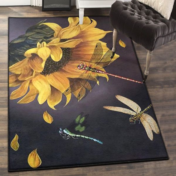 Helianthus Playroom Rug Sunflower Dragonfly 1 Rug Rectangle Rugs Washable Area Rug Non-Slip Carpet For Living Room Bedroom