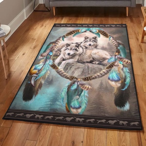 Halloween Gift Washable Rugs Two Wolf Dream Catcher Rug Rectangle Rugs Washable Area Rug Non-Slip Carpet For Living Room Bedroom