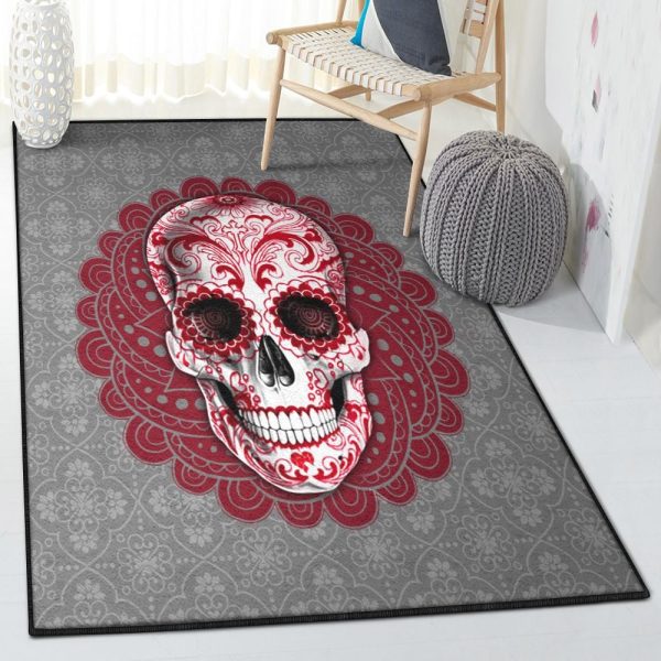 Mandala Rugs Red Mandala Skull Rug Rectangle Rugs Washable Area Rug Non-Slip Carpet For Living Room Bedroom