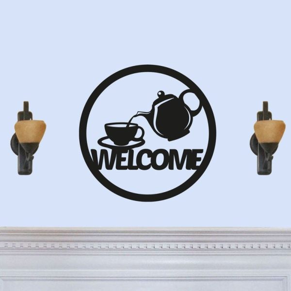 Round Welcome Sign With Coffee Tea Pot Laser Cut Solid Steel Decorativ