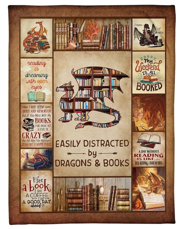 Easily Distracted By Dragons And Books Fleece Blanket