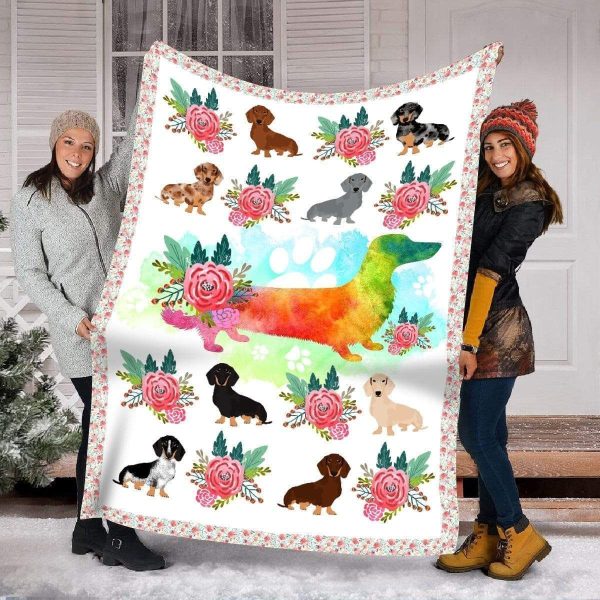 Camelia Flower And Dachshund Fleece Blanket Gift For Dog Lovers