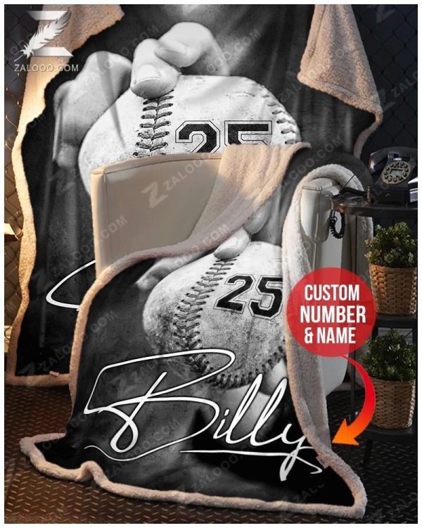 Baseball Black White Custom Text Name Number Fleece Blanket