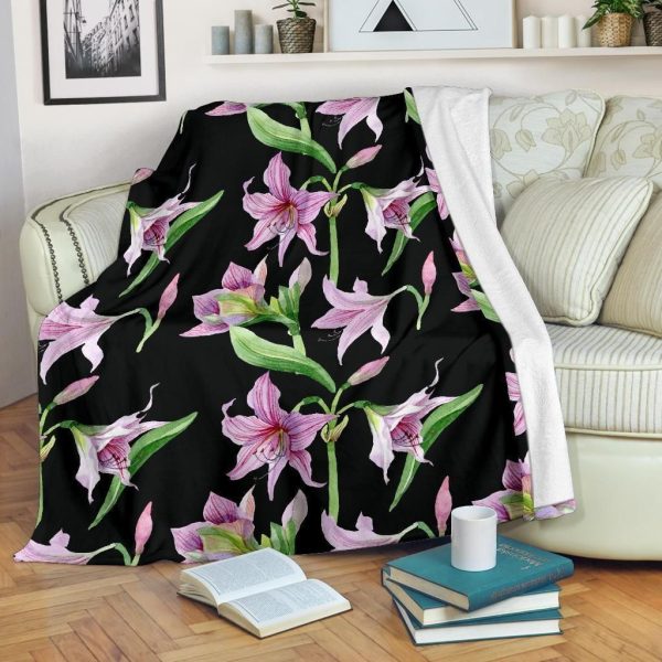 Amaryllis Pattern Print Design Black Soft Fleece Blanket