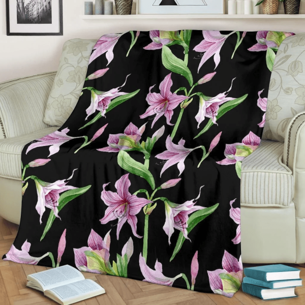 Amaryllis Pattern Print Design Black Soft Fleece Blanket - Image 2