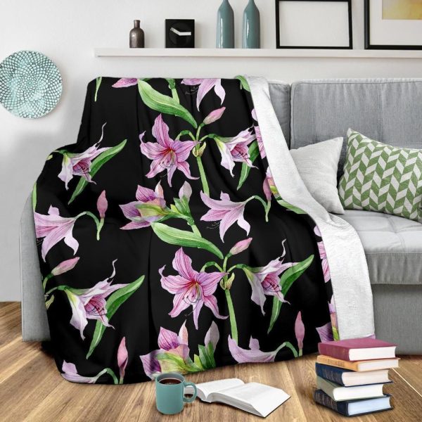 Amaryllis Pattern Print Design Black Soft Fleece Blanket - Image 3