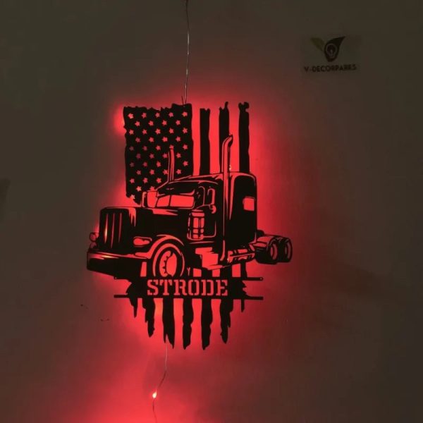 Personalized Us Flag Semi Truck Metal Wall Art Led Lights, Metal Truck