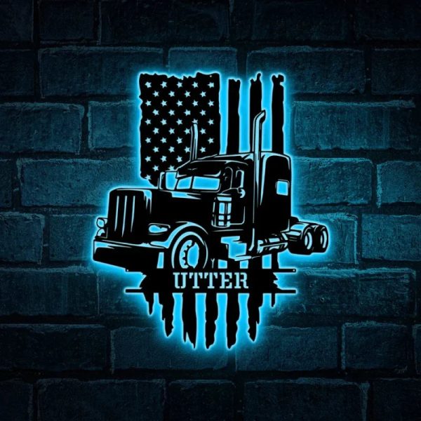 Personalized Us Flag Semi Truck Metal Wall Art Led Lights, Metal Truck - Image 3