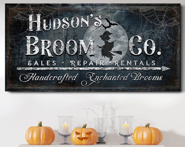 Personalized Broom Co Spooky Design Cobwebs Rustic Halloween Name Sign Halloween Home Decor Witch Broom Canvas Wall Art Rustic Fall - Image 2