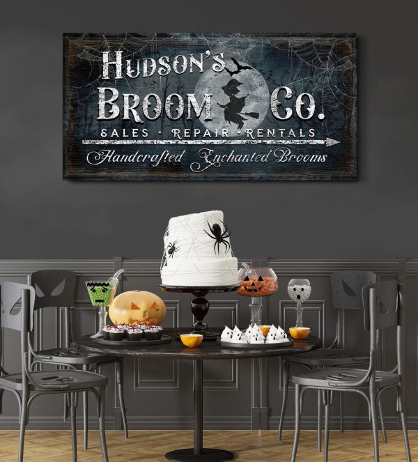 Personalized Broom Co Spooky Design Cobwebs Rustic Halloween Name Sign Halloween Home Decor Witch Broom Canvas Wall Art Rustic Fall - Image 3