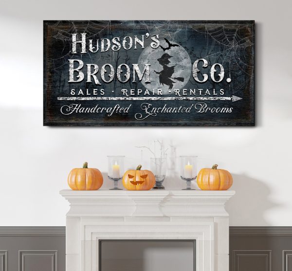 Personalized Broom Co Spooky Design Cobwebs Rustic Halloween Name Sign Halloween Home Decor Witch Broom Canvas Wall Art Rustic Fall