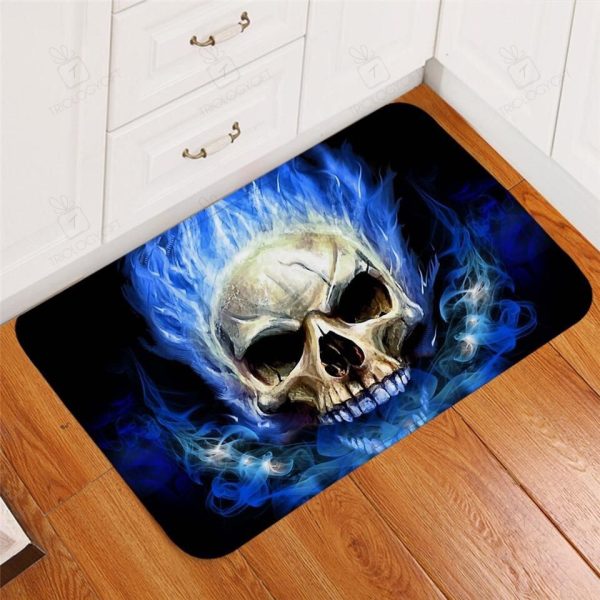 Flame Skull Bathroom Non Slip Gothic Kitchen Blue Fire Door Mats Indoor Rectangle Rug Decor Area Rugs For Living Room Bedroom Kitchen Rugs Home Carpet Flooring Rs013629 Print